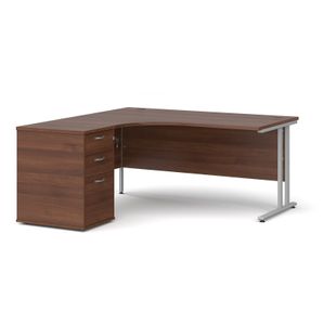 Maestro 25 left hand ergonomic desk 1600mm with silver cantilever frame and desk high pedestal - walnut