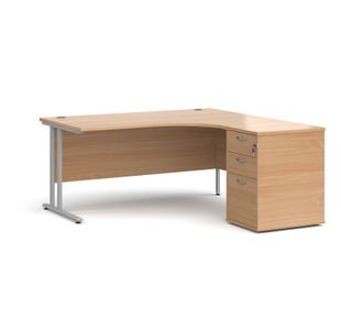 Maestro 25 right hand ergonomic desk 1600mm with silver cantilever frame and desk high pedestal - beech