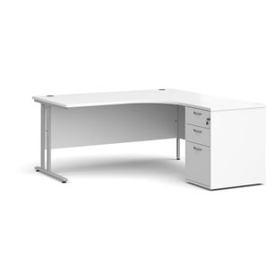 Maestro 25 right hand ergonomic desk 1600mm with silver cantilever frame and desk high pedestal - white
