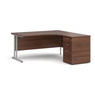 Maestro 25 right hand ergonomic desk 1600mm with silver cantilever frame and desk high pedestal - walnut