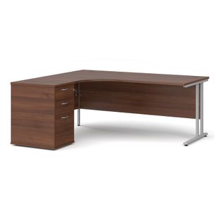 Maestro 25 left hand ergonomic desk 1800mm with silver cantilever frame and desk high pedestal - walnut
