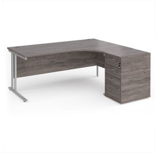 Maestro 25 right hand ergonomic desk 1800mm with silver cantilever frame and desk high pedestal - grey oak