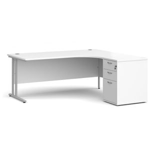 Maestro 25 right hand ergonomic desk 1800mm with silver cantilever frame and desk high pedestal - white