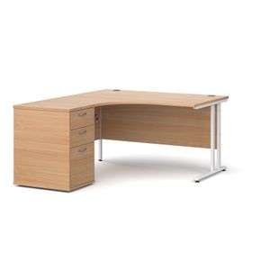 Maestro 25 left hand ergonomic desk 1400mm with white cantilever frame and desk high pedestal - beech