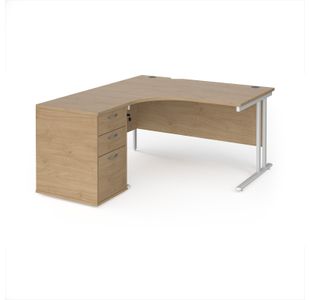 Maestro 25 left hand ergonomic desk 1400mm with white cantilever frame and desk high pedestal - Kendal Oak