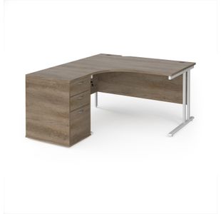 Maestro 25 left hand ergonomic desk 1400mm with white cantilever frame and desk high pedestal - Nebraska Oak