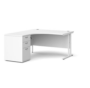 Maestro 25 left hand ergonomic desk 1400mm with white cantilever frame and desk high pedestal - white