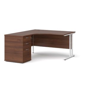 Maestro 25 left hand ergonomic desk 1400mm with white cantilever frame and desk high pedestal - walnut