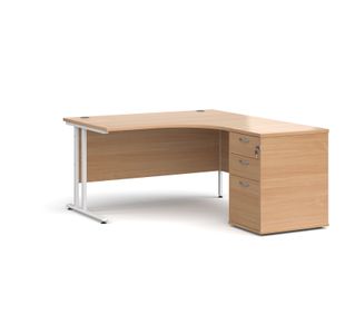 Maestro 25 right hand ergonomic desk 1400mm with white cantilever frame and desk high pedestal - beech