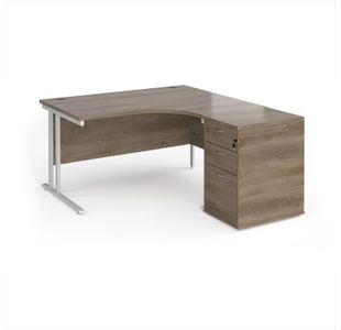 Maestro 25 right hand ergonomic desk 1400mm with white cantilever frame and desk high pedestal - Nebraska Oak