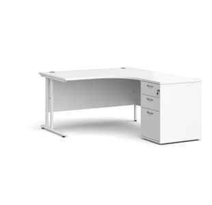 Maestro 25 right hand ergonomic desk 1400mm with white cantilever frame and desk high pedestal - white