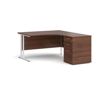 Maestro 25 right hand ergonomic desk 1400mm with white cantilever frame and desk high pedestal - walnut