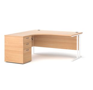 Maestro 25 left hand ergonomic desk 1600mm with white cantilever frame and desk high pedestal - beech