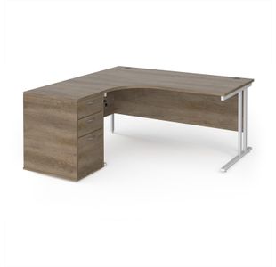 Maestro 25 left hand ergonomic desk 1600mm with white cantilever frame and desk high pedestal - Nebraska Oak