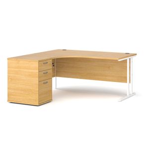 Maestro 25 left hand ergonomic desk 1600mm with white cantilever frame and desk high pedestal - oak