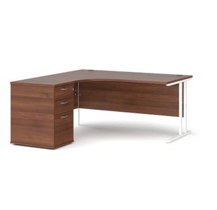 Maestro 25 left hand ergonomic desk 1600mm with white cantilever frame and desk high pedestal - walnut