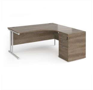Maestro 25 right hand ergonomic desk 1600mm with white cantilever frame and desk high pedestal - Nebraska Oak