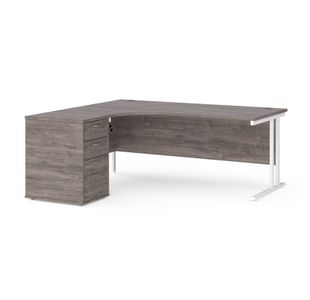 Maestro 25 left hand ergonomic desk 1800mm with white cantilever frame and desk high pedestal - grey oak