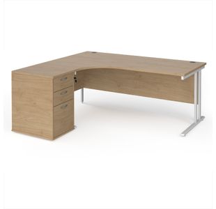 Maestro 25 left hand ergonomic desk 1800mm with white cantilever frame and desk high pedestal - Kendal Oak