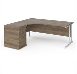 Maestro 25 left hand ergonomic desk 1800mm with white cantilever frame and desk high pedestal - Nebraska Oak