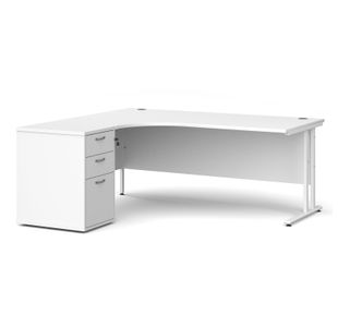 Maestro 25 left hand ergonomic desk 1800mm with white cantilever frame and desk high pedestal - white