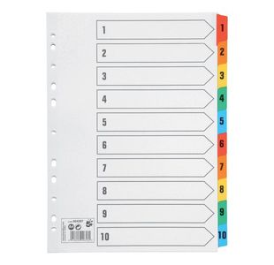 5 Star Office Index 1-10 Multipunched Mylar-reinforced Multicolour-Tabs 150gsm A4 White