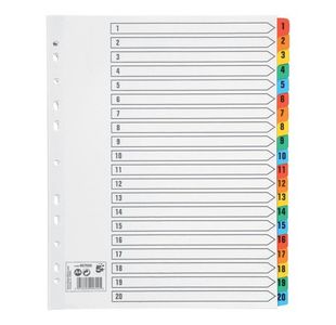 5 Star Office Maxi Index 1-20 Multipunched Mylar-reinforced Multicolour Tabs Extra Wide A4+ White