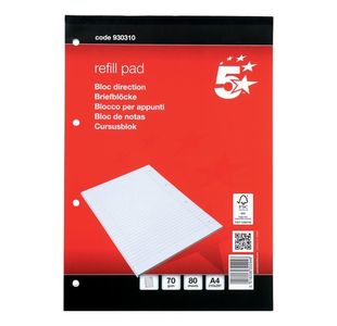 5 Star Office Refill Pad Headbound 70gsm Ruled Margin Punched 4 Hole 160pp A4 Red/White (Pack of 10)