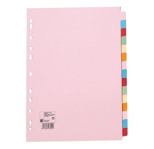 5 Star Office Subject Dividers 15-Part Recycled Card Multipunched 155gsm A4 Assorted (Pack of 10)
