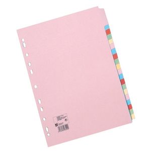 5 Star Office Subject Dividers 20-Part Recycled Card Multipunched 155gsm A4 Assorted (Pack of 10)