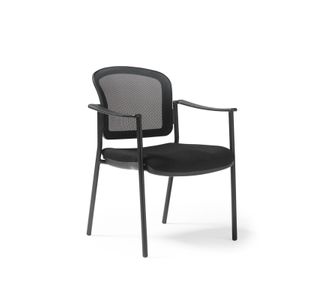 Joni upholstered seat and mesh back, black frame stacking chair, arms