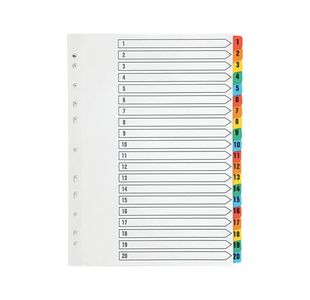 Q-Connect 1-20 Index Multi-punched Reinforced Board Multi-Colour Numbered Tabs A4 White KF01521