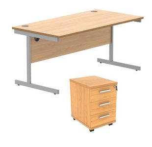 Astin Rectangular Desk 1600x800x730mm +3Drw Under Desk Pedestal Norwegian Beech/Silver KF803777