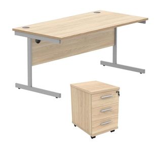 Astin Rectangular Desk +3Drw Mobile Under Desk Pedestal 1680 Canadian Oak/Silver KF803797