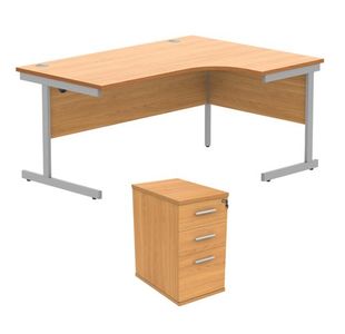 Astin Radial Right Hand SU Desk +Desk High Pedestal 1600x1200 Norwegian Beech/Silver KF820017