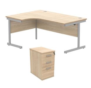 Astin Radial Left Hand SU Desk +Desk High Pedestal 1600x1200 Canadian Oak/Silver KF820047