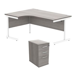 Astin Radial Left Hand SU Desk +Desk High Pedestal 1600x1200 Alaskan Grey Oak/Arctic White KF820148