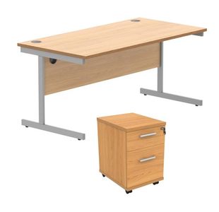 Astin Rectangular Desk 1600x800x730mm +2Drw Under Desk Pedestal Norwegian Beech/Silver KF820167