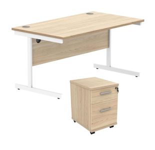 Astin Rectangular Desk 1600x800x730mm +2Drw Under Desk Pedestal Canadian Oak/Silver KF820187