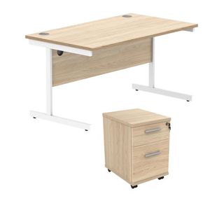 Astin Rectangular Desk 1600x800x730mm +2Drw Under Desk Pedestal Canadian Oak/Arctic White KF820197