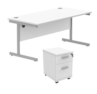 Astin Rectangular Desk 1600x800x730mm +2Drw Under Desk Pedestal Arctic White/Silver KF820207