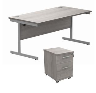 Astin Rectangular Desk 1600x800x730mm +2Drw Under Desk Pedestal Alaskan Grey Oak/Silver KF820227