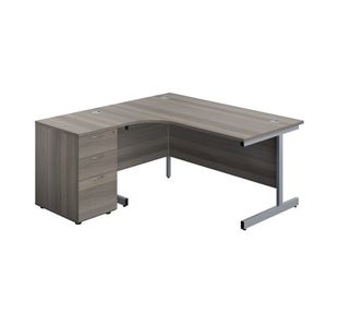 Jemini Radial Left Hand Desk 1600x800-1200x730mm Grey Oak/Silver 600mm Desk High Pedestal KF822671
