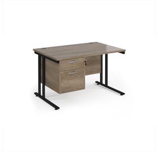 Maestro 25 straight desk 1200mm x 800mm with 2 drawer pedestal - black cantilever leg frame, Nebraska oak top