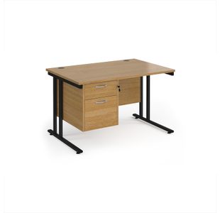 Maestro 25 straight desk 1200mm x 800mm with 2 drawer pedestal - black cantilever leg frame, oak top