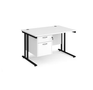 Maestro 25 straight desk 1200mm x 800mm with 2 drawer pedestal - black cantilever leg frame, white top