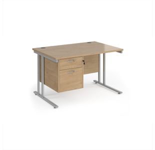 Maestro 25 straight desk 1200mm x 800mm with 2 drawer pedestal - silver cantilever leg frame, Kendal oak top