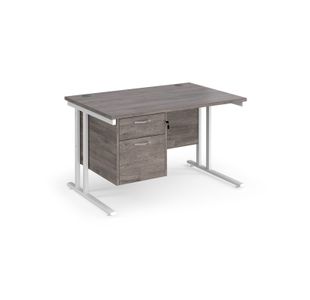 Maestro 25 straight desk 1200mm x 800mm with 2 drawer pedestal - white cantilever leg frame, grey oak top