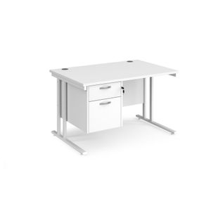 Maestro 25 straight desk 1200mm x 800mm with 2 drawer pedestal - white cantilever leg frame, white top
