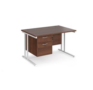 Maestro 25 straight desk 1200mm x 800mm with 2 drawer pedestal - white cantilever leg frame, walnut top